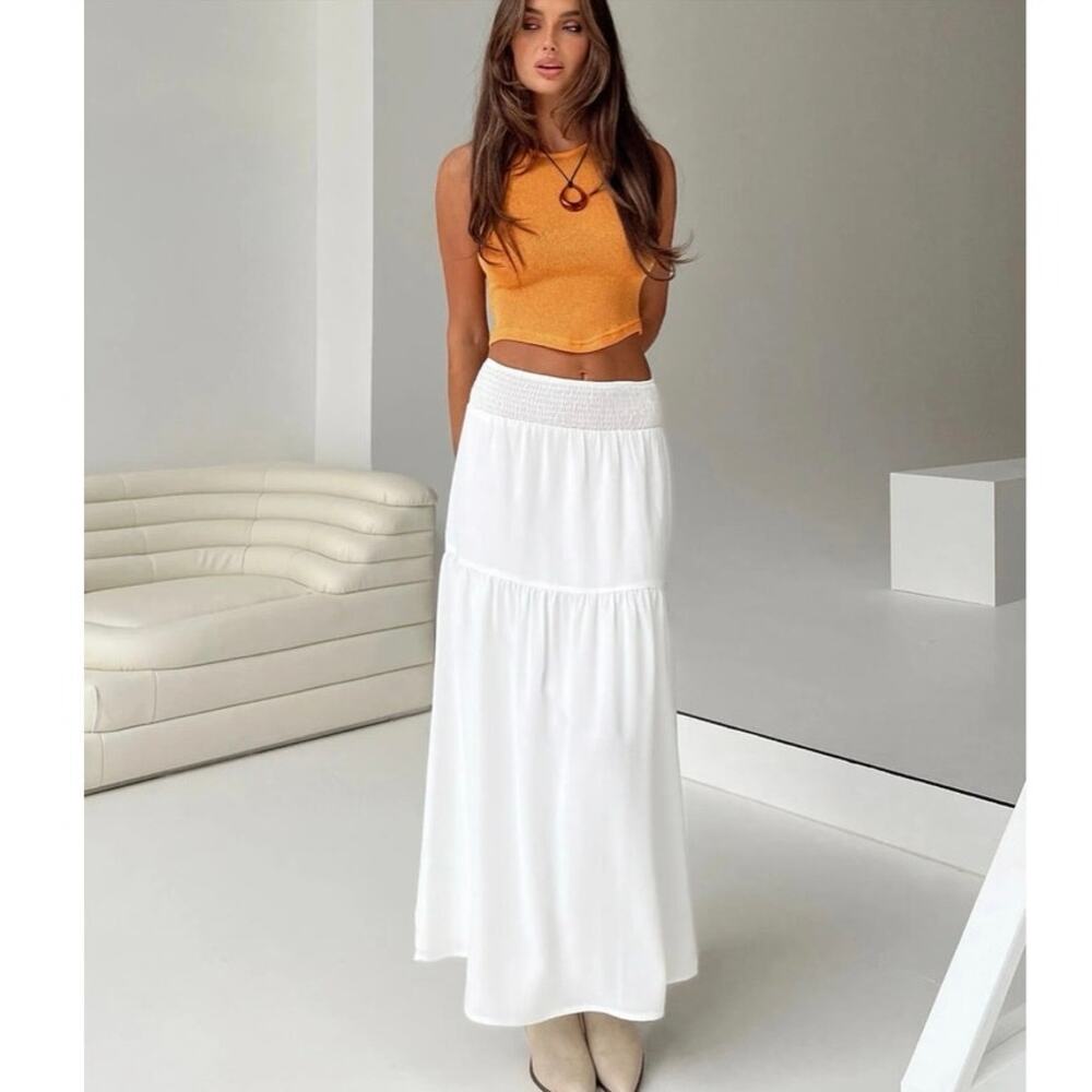 Princess Polly Dion Maxi Skirt White Tiered Peasant Smocked Waist Size 6